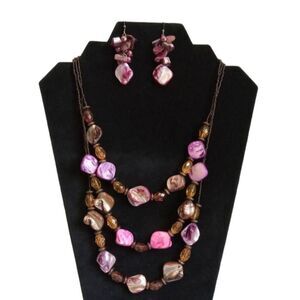 Pink & Brown Colorful Beaded Triple Strand Statement Necklace & Dangle Earrings